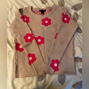 Tahari XS Beige Sweater with Pink flowers and decorative buttons in the back
